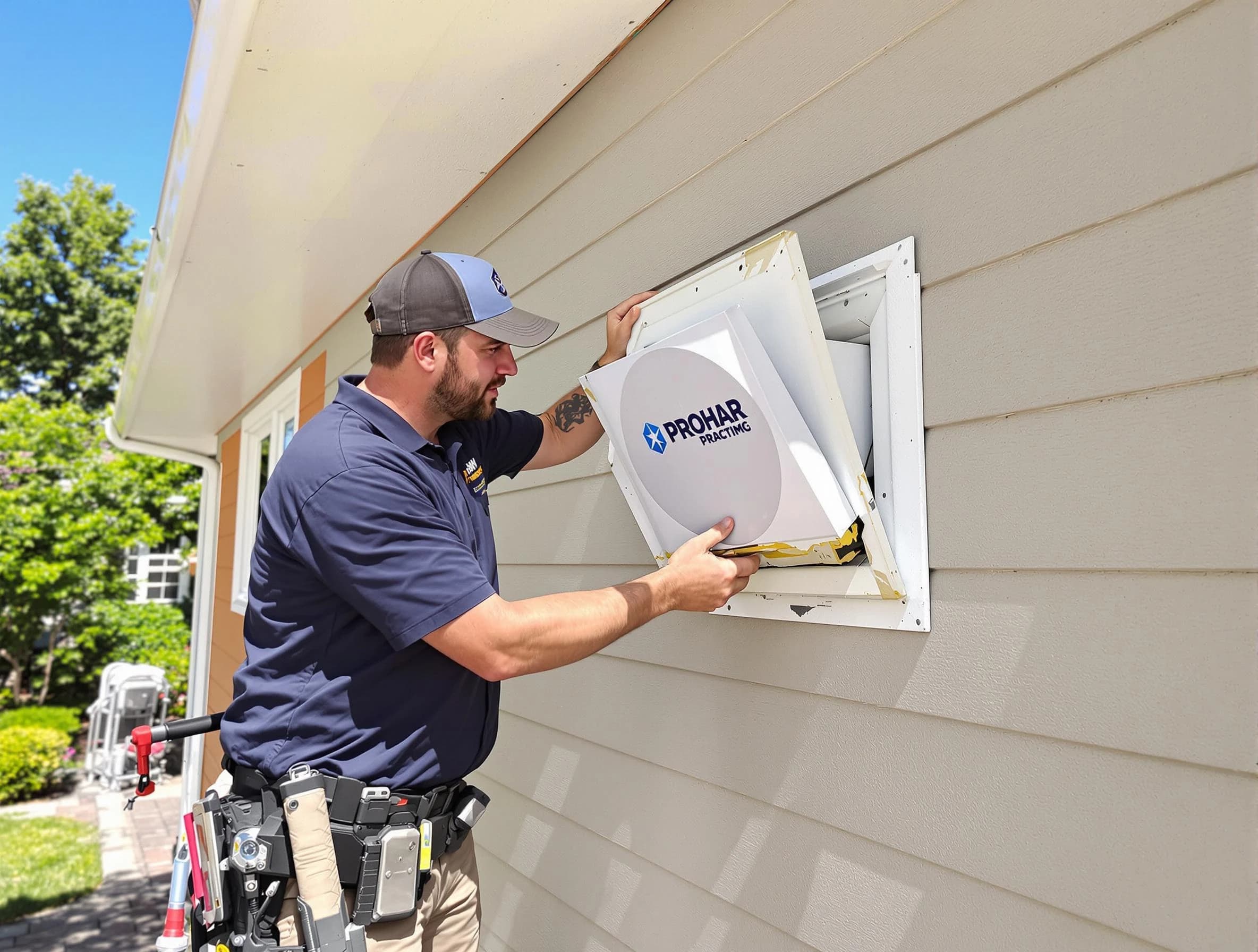 Monessen Dryer Vent Cleaning technician installing a new protective dryer vent cover on a home in Monessen