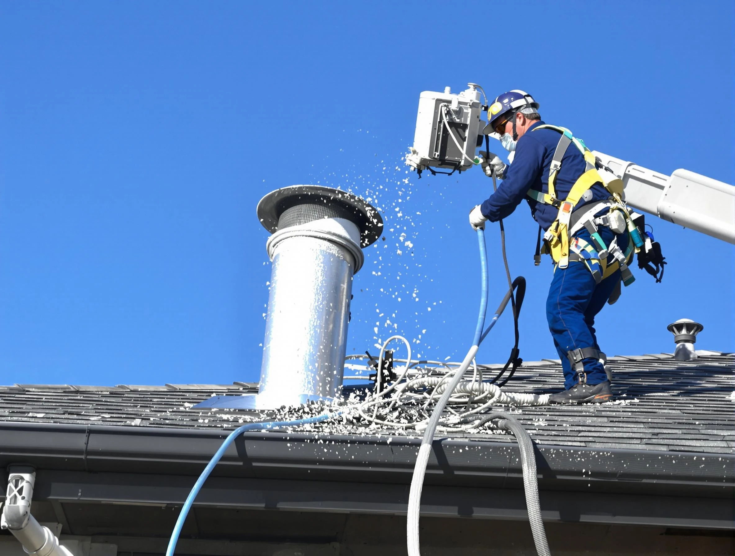 Monessen Dryer Vent Cleaning certified technician safely cleaning a roof-mounted dryer vent in Monessen